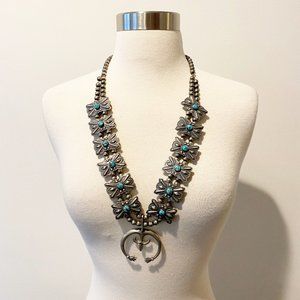 256 vintage Harry Morgan Navajo sterling squash blossom naja turquoise necklace
